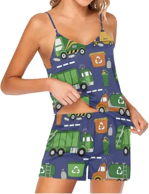 Women Cami Pajama Set 2 Pieces Short PJ Set Hand Drawn Garbage Trucks Soft Sleepwear S-XXL