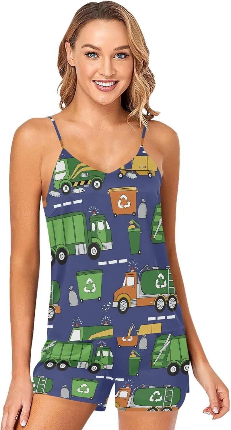 Women Cami Pajama Set 2 Pieces Short PJ Set Hand Drawn Garbage Trucks Soft Sleepwear S-XXL