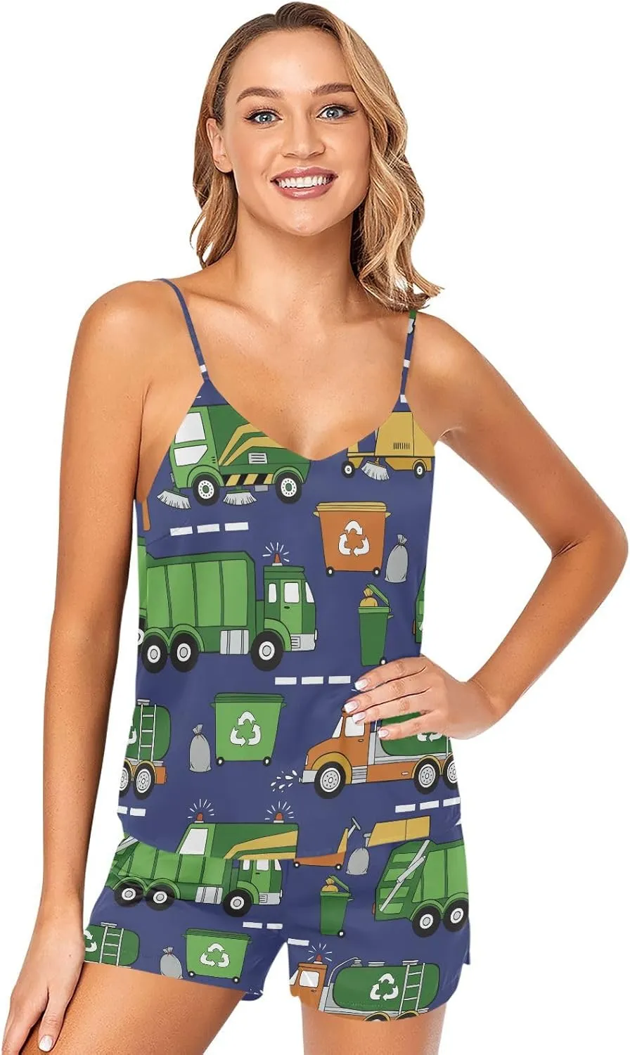 Women Cami Pajama Set 2 Pieces Short PJ Set Hand Drawn Garbage Trucks Soft Sleepwear S-XXL