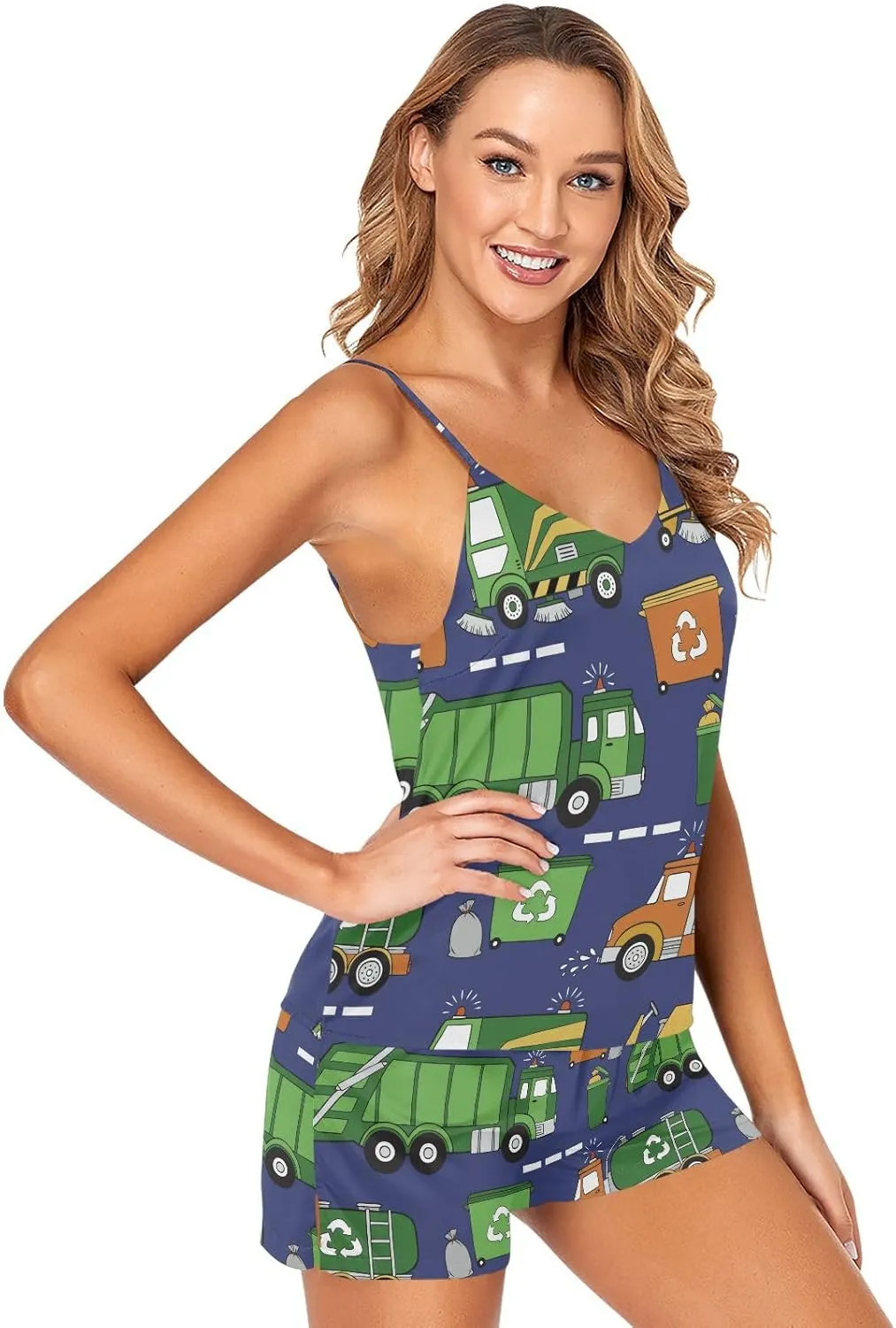 Women Cami Pajama Set 2 Pieces Short PJ Set Hand Drawn Garbage Trucks Soft Sleepwear S-XXL