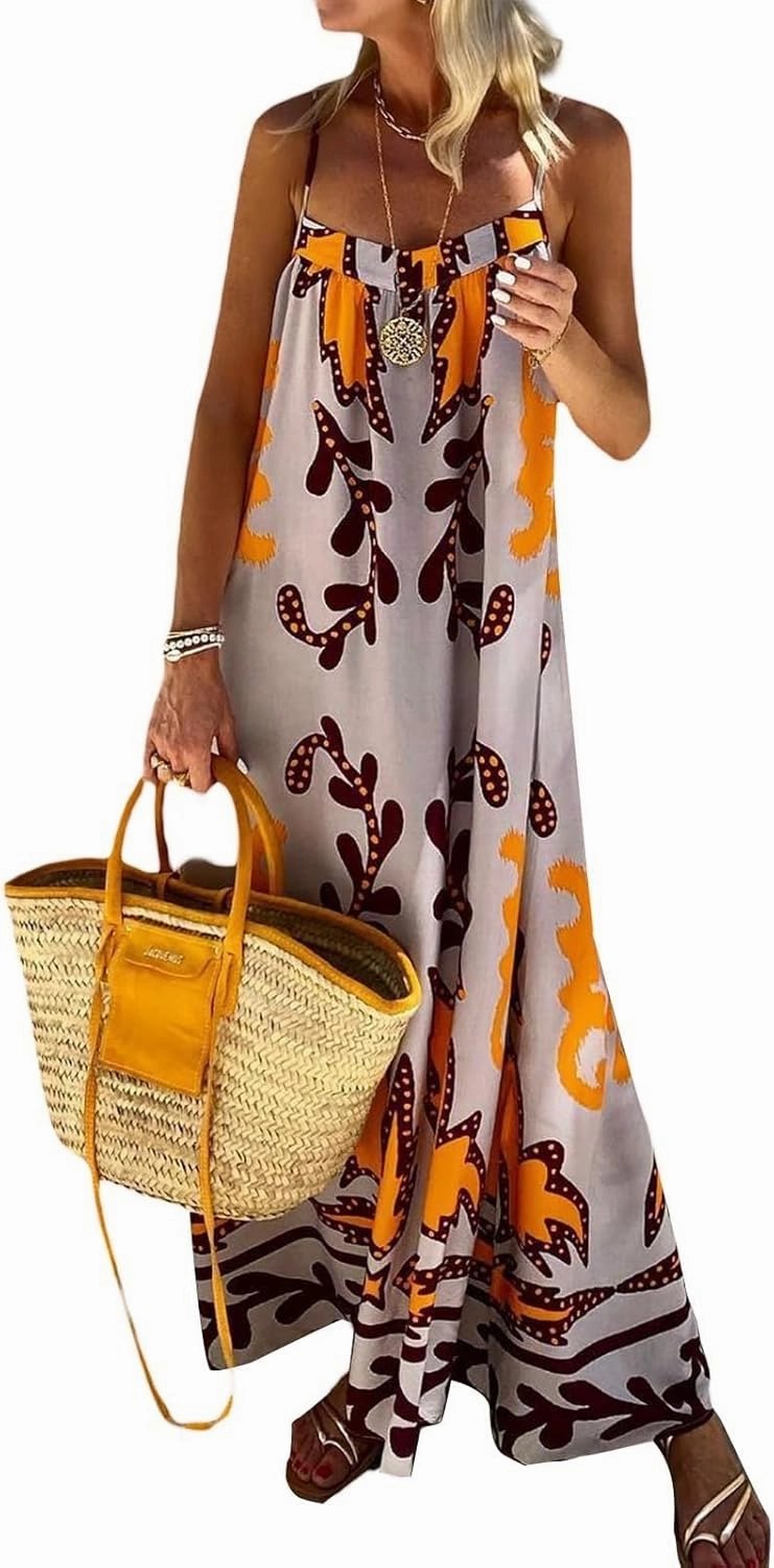 Women Dresses 2025 Cute Print Maxi Cami Dresses Sleeveless Casual Spaghetti Strap Graffiti Dress Vacation Dresses