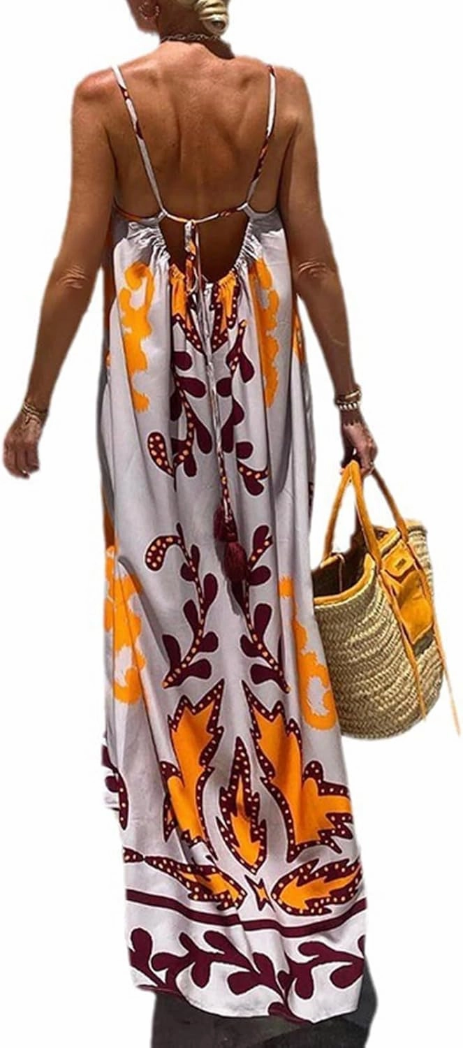 Women Dresses 2025 Cute Print Maxi Cami Dresses Sleeveless Casual Spaghetti Strap Graffiti Dress Vacation Dresses