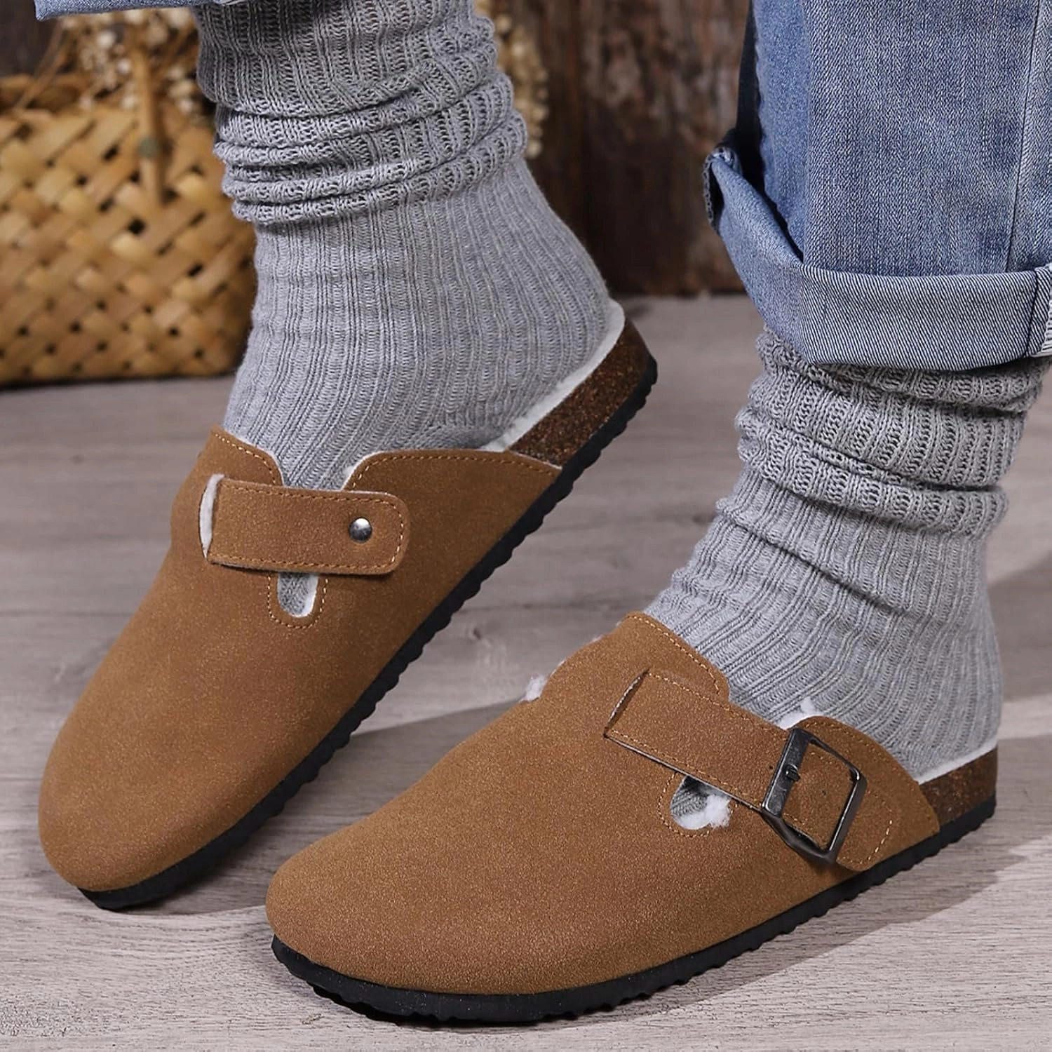 Women's Faux Suede Slip-On Clogs with Buckle Strap Faux Fur Lining Womens Slippers