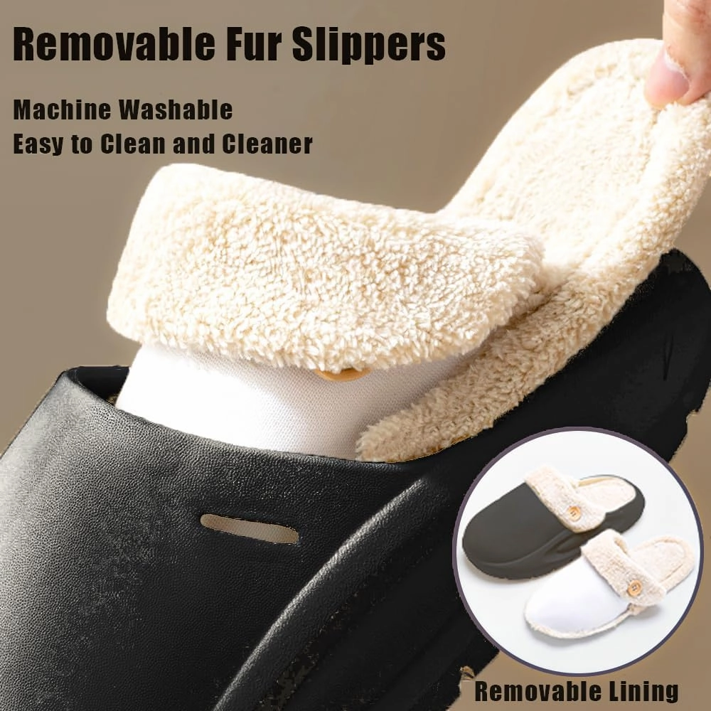 Women's Fur Lined Platform Clogs Removable Lining Waterproof Cotton Slippers Winter Fuzzy Shoes for Women Men Indoor Outdoor