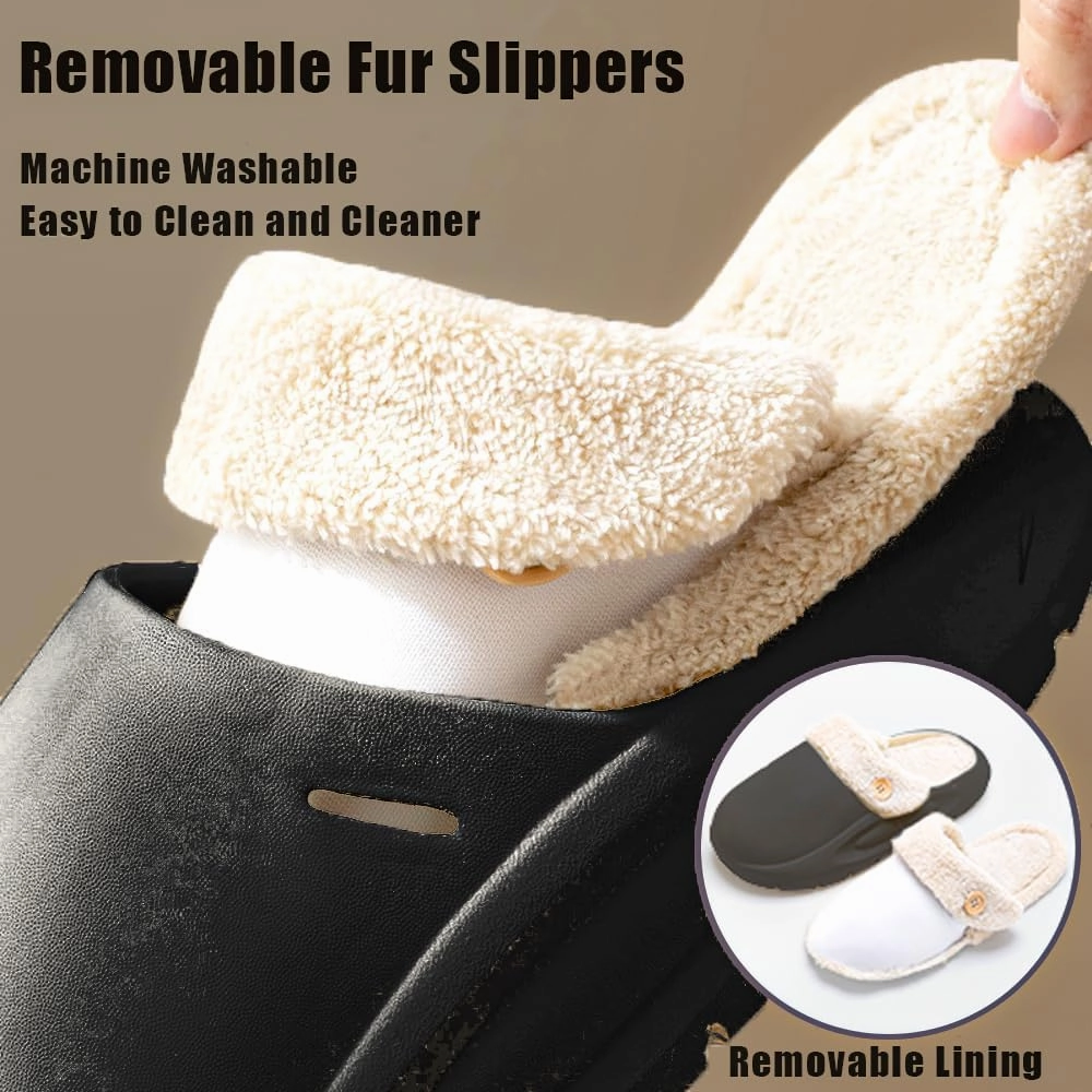 Women's Fur Lined Platform Clogs Removable Lining Waterproof Cotton Slippers Winter Fuzzy Shoes for Women Men Indoor Outdoor