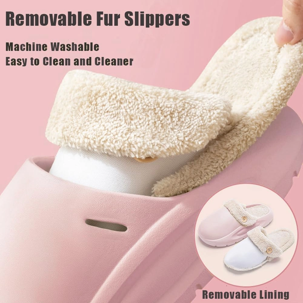 Women's Fur Lined Platform Clogs Removable Lining Waterproof Cotton Slippers Winter Fuzzy Shoes for Women Men Indoor Outdoor