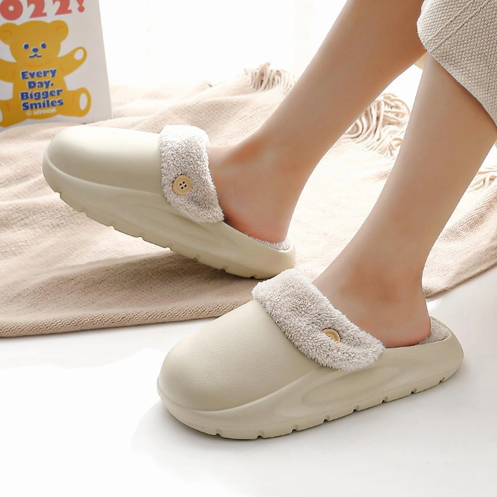 Women's Fur Lined Platform Clogs Removable Lining Waterproof Cotton Slippers Winter Fuzzy Shoes for Women Men Indoor Outdoor