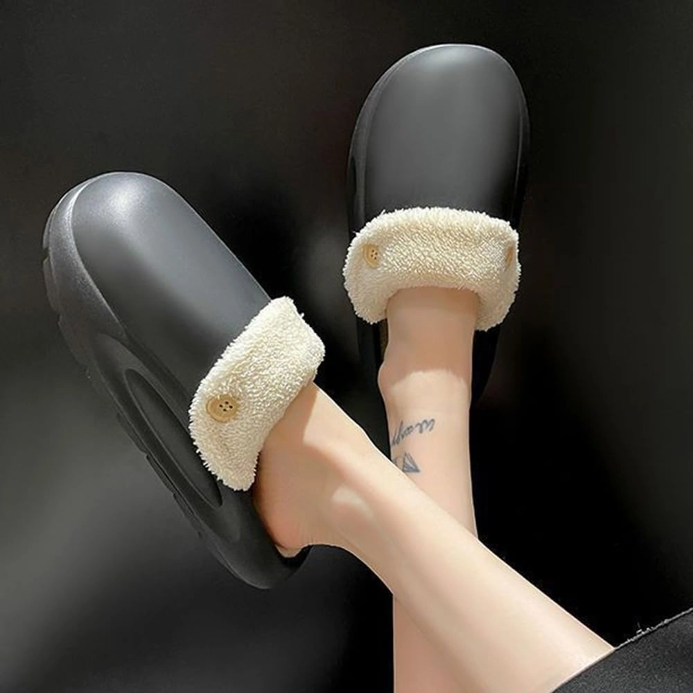 Women's Fur Lined Platform Clogs Removable Lining Waterproof Cotton Slippers Winter Fuzzy Shoes for Women Men Indoor Outdoor