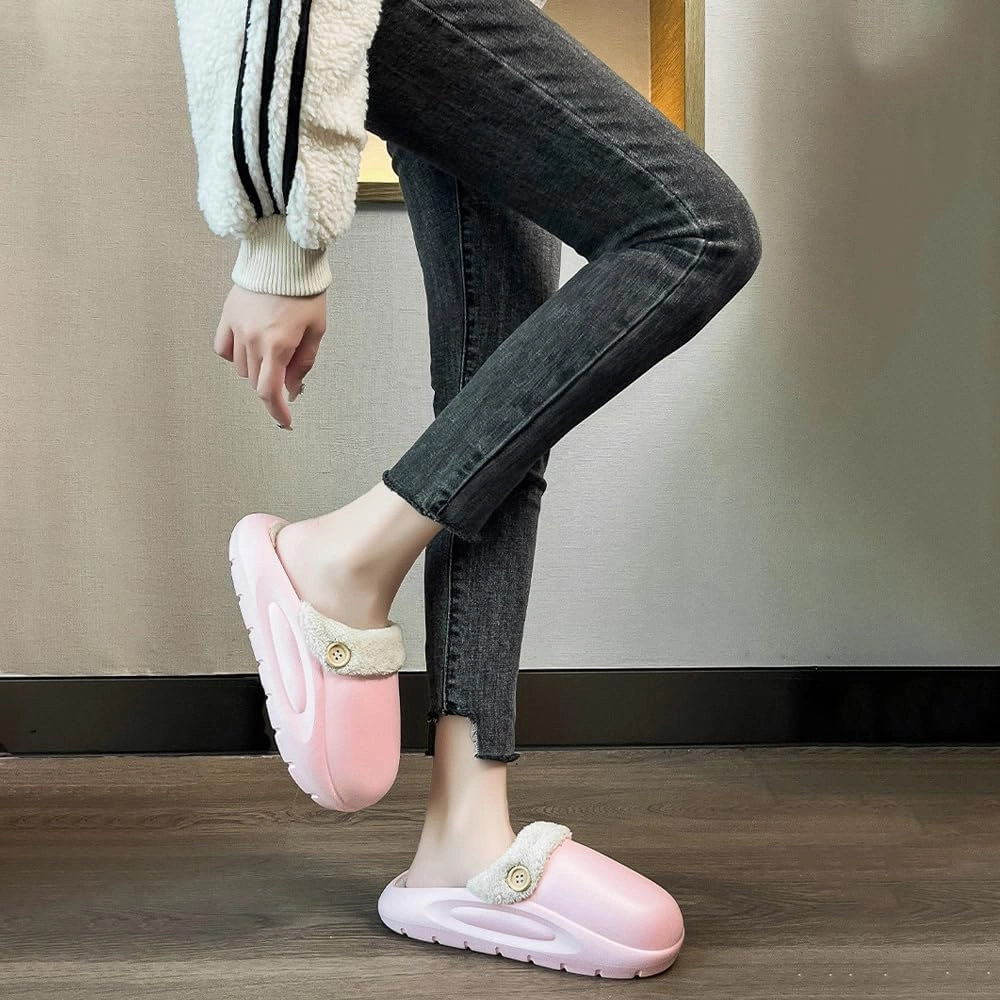 Women's Fur Lined Platform Clogs Removable Lining Waterproof Cotton Slippers Winter Fuzzy Shoes for Women Men Indoor Outdoor