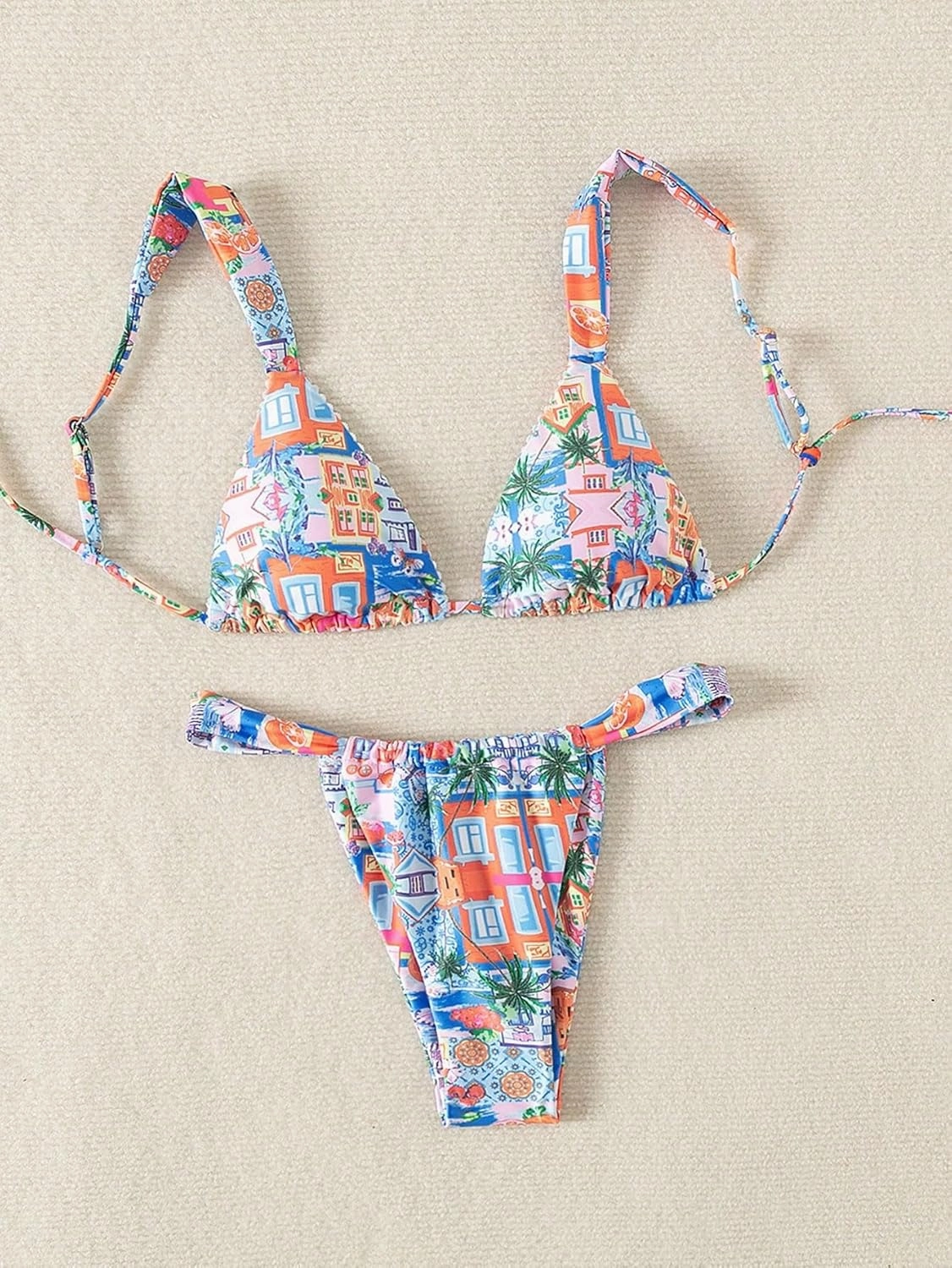 Women's High Waisted Bikini Set Floral Print Spaghetti Strap Smocked Wireless Bathing Suit Swimsuit 2 Piece Set