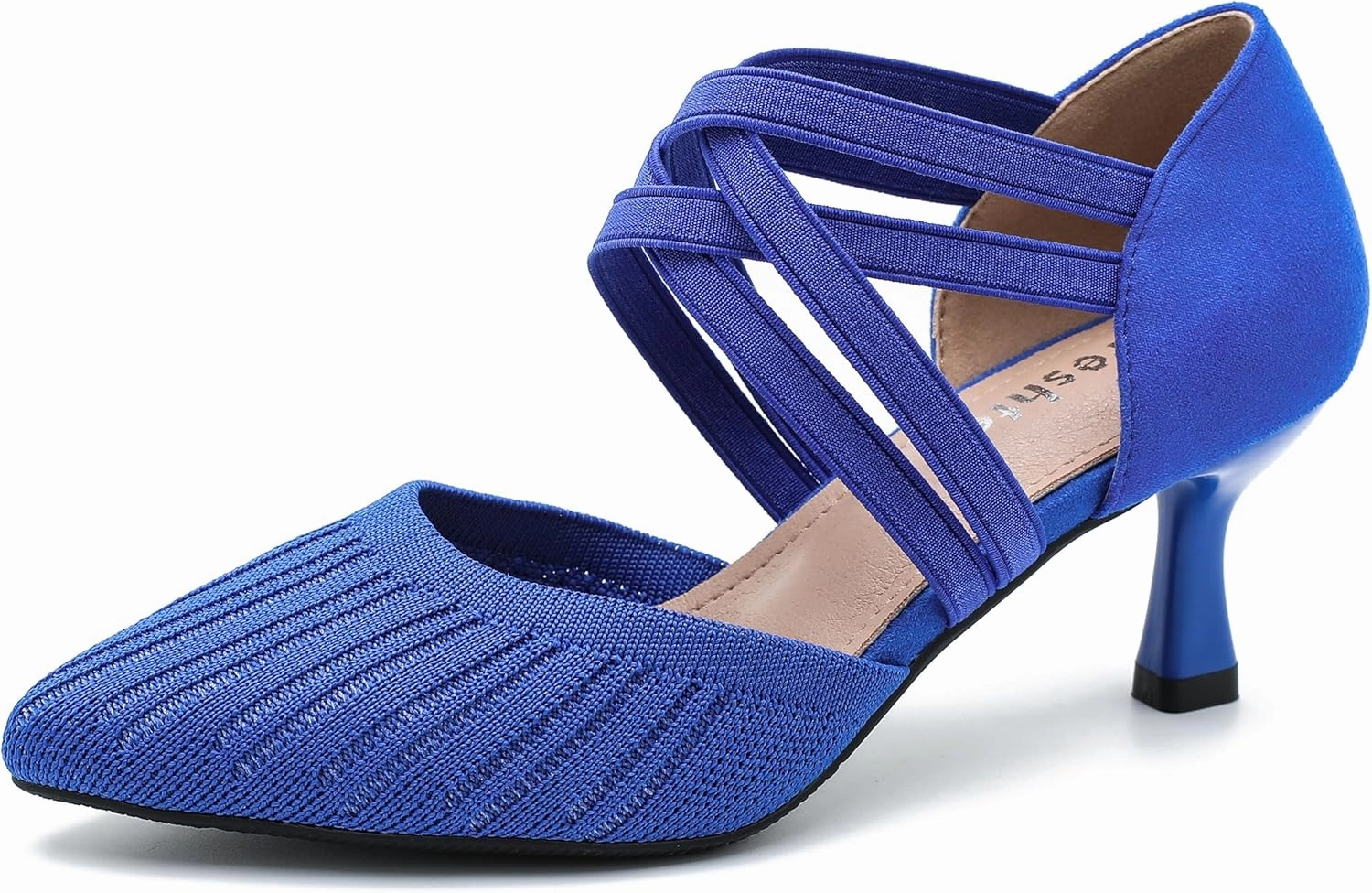 Women's Low Kitten Heels Knit Pumps Elastic Crisscross Ankle Strap Slip On Dress Shoes