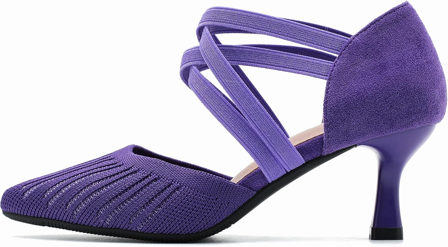 Women's Low Kitten Heels Knit Pumps Elastic Crisscross Ankle Strap Slip On Dress Shoes
