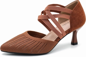 Women's Low Kitten Heels Knit Pumps Elastic Crisscross Ankle Strap Slip On Dress Shoes