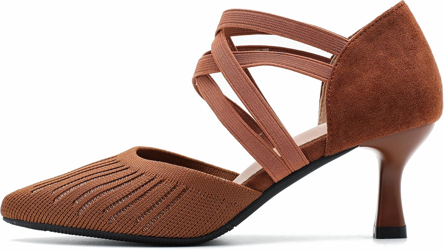 Women's Low Kitten Heels Knit Pumps Elastic Crisscross Ankle Strap Slip On Dress Shoes