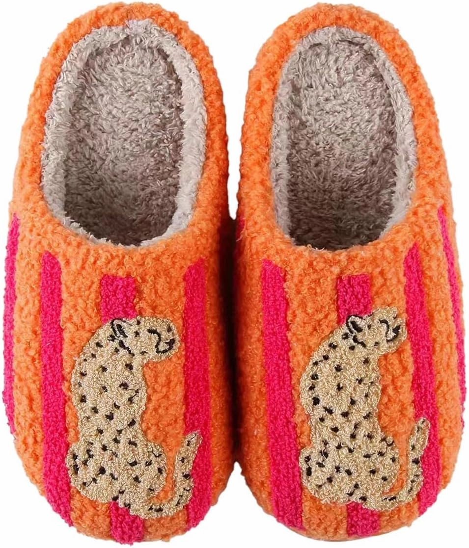 Women's Men's Happy Face Heart-shaped Cat Slippers - Retro Leopard Print, Memory Foam, Soft Plush, Warm, Anti-Slip Home Shoes