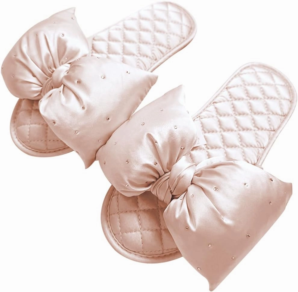 Women's Satin Slippers Soft Cozy House Slippers Comfy Open Toe Non-slip Sole Breathable Bowknot Design, Black, TX32109