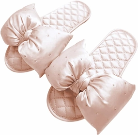 Women's Satin Slippers Soft Cozy House Slippers Comfy Open Toe Non-slip Sole Breathable Bowknot Design, Black, TX32109