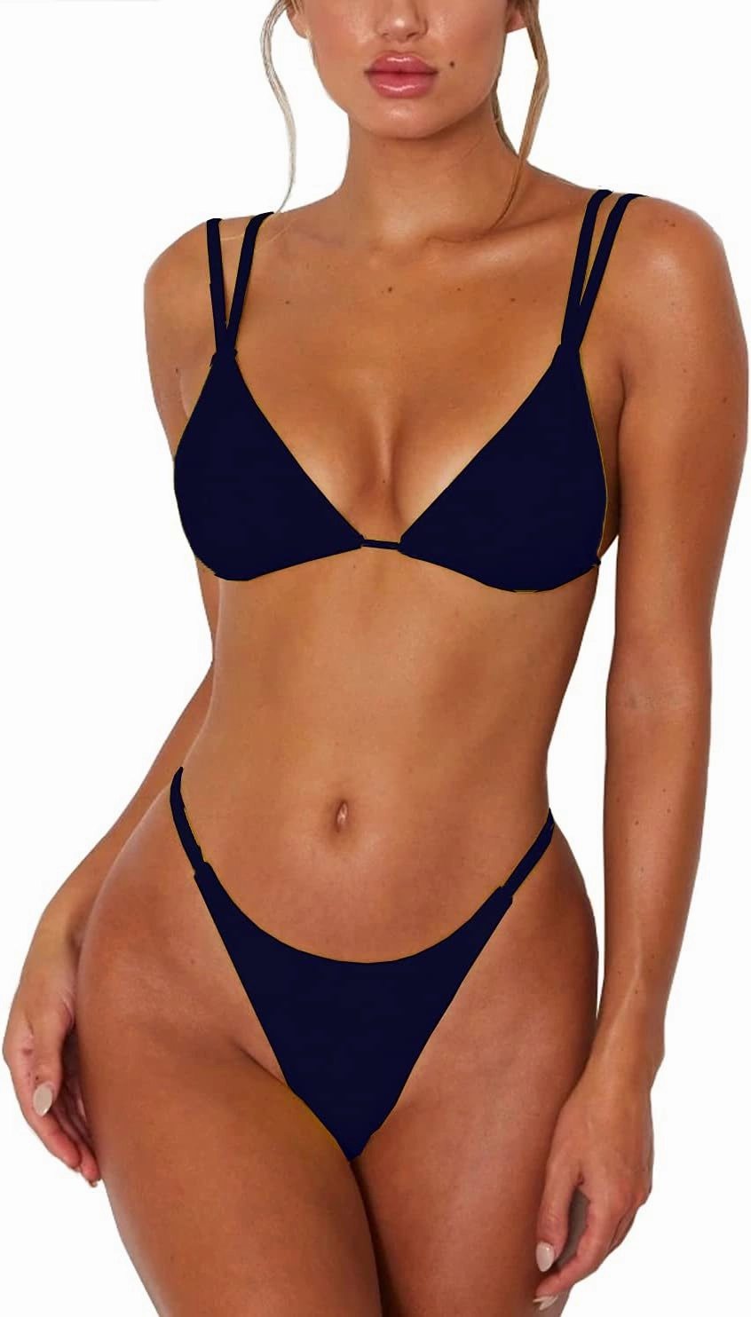 Women's Sexy Thong Bottom Two Piece Bikini Double Shoulder Straps Cute Swimsuit Triangle Bathing Suit