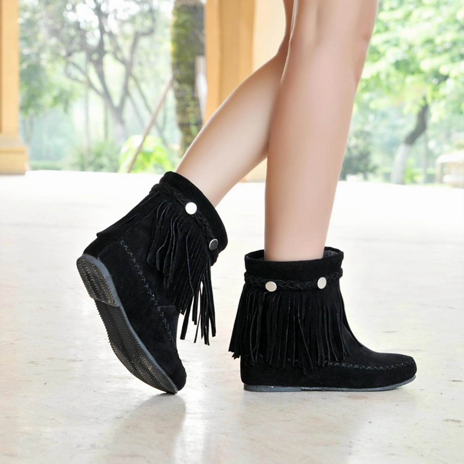 Women's Suede Tassel Cowboys Ankle Boots,Classic Vintage Round Toe Slip On Hidden Wedge Heel Low Heel Western Short Boots Dress Booties