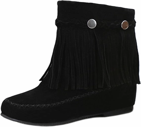 Women's Suede Tassel Cowboys Ankle Boots,Classic Vintage Round Toe Slip On Hidden Wedge Heel Low Heel Western Short Boots Dress Booties