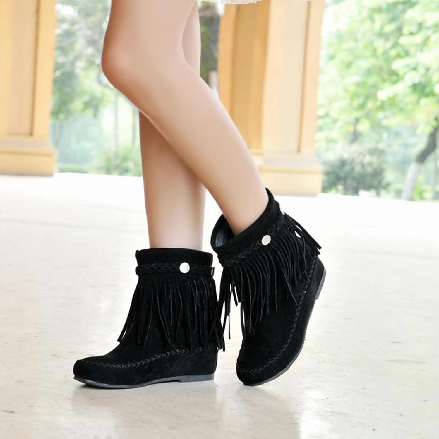Women's Suede Tassel Cowboys Ankle Boots,Classic Vintage Round Toe Slip On Hidden Wedge Heel Low Heel Western Short Boots Dress Booties