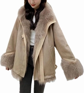 Women Suede Patchwork Plush Jacket Thick Warm Lapel Classic Zipper Belted Pockets Coats