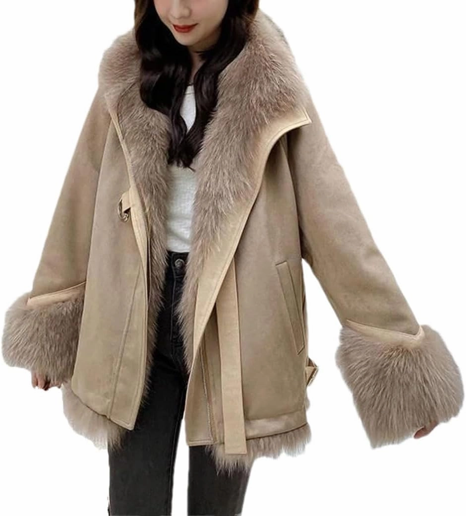Women Suede Patchwork Plush Jacket Thick Warm Lapel Classic Zipper Belted Pockets Coats
