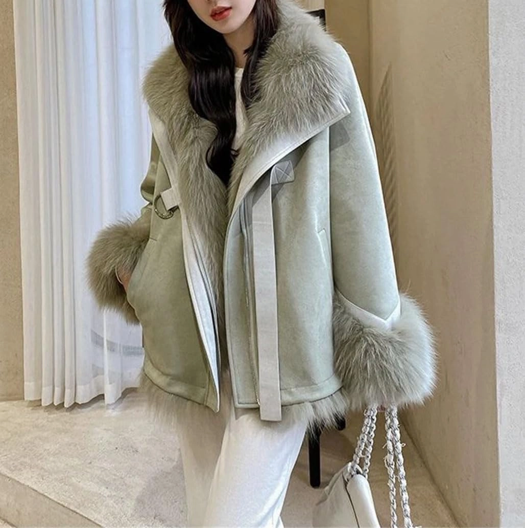 Women Suede Patchwork Plush Jacket Thick Warm Lapel Classic Zipper Belted Pockets Coats