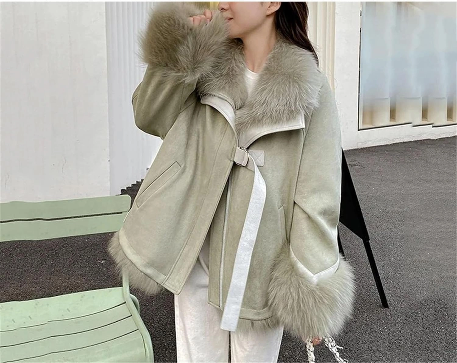 Women Suede Patchwork Plush Jacket Thick Warm Lapel Classic Zipper Belted Pockets Coats