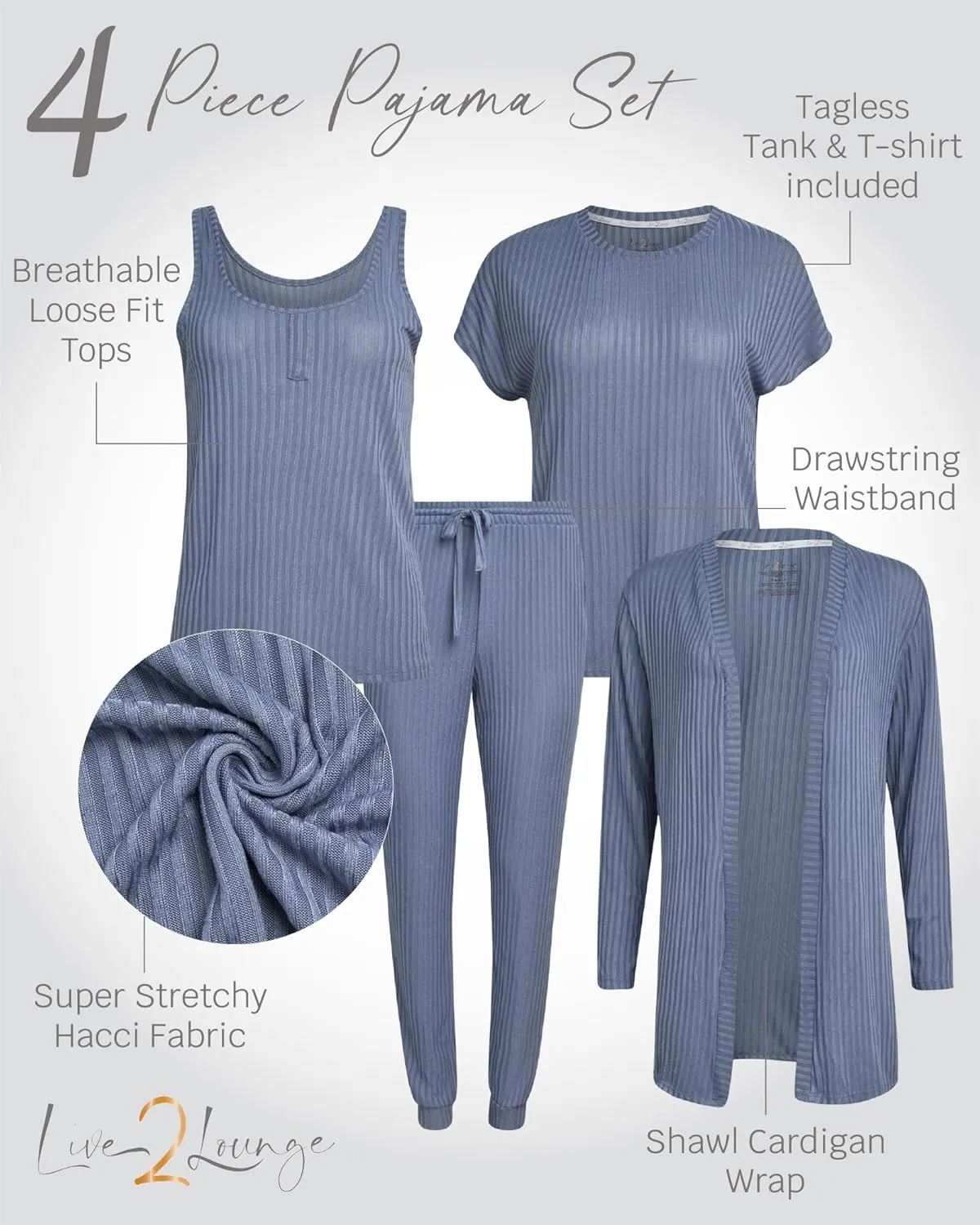 Women's 4-Piece Pajama Set – Soft Hacci Knit Loungewear, Short Sleeve T-Shirt, Tank Top, Cardigan & Jogger Pants