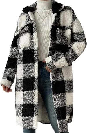 Women’s Chic Plaid Print Warm Plush Long Coat, Womens Fuzzy Fleece Jacket, Coats for Women Trendy
