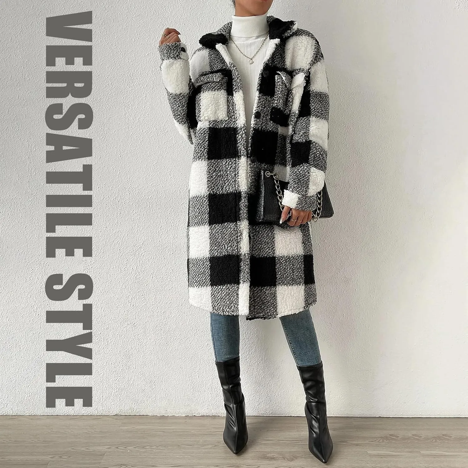 Women’s Chic Plaid Print Warm Plush Long Coat, Womens Fuzzy Fleece Jacket, Coats for Women Trendy