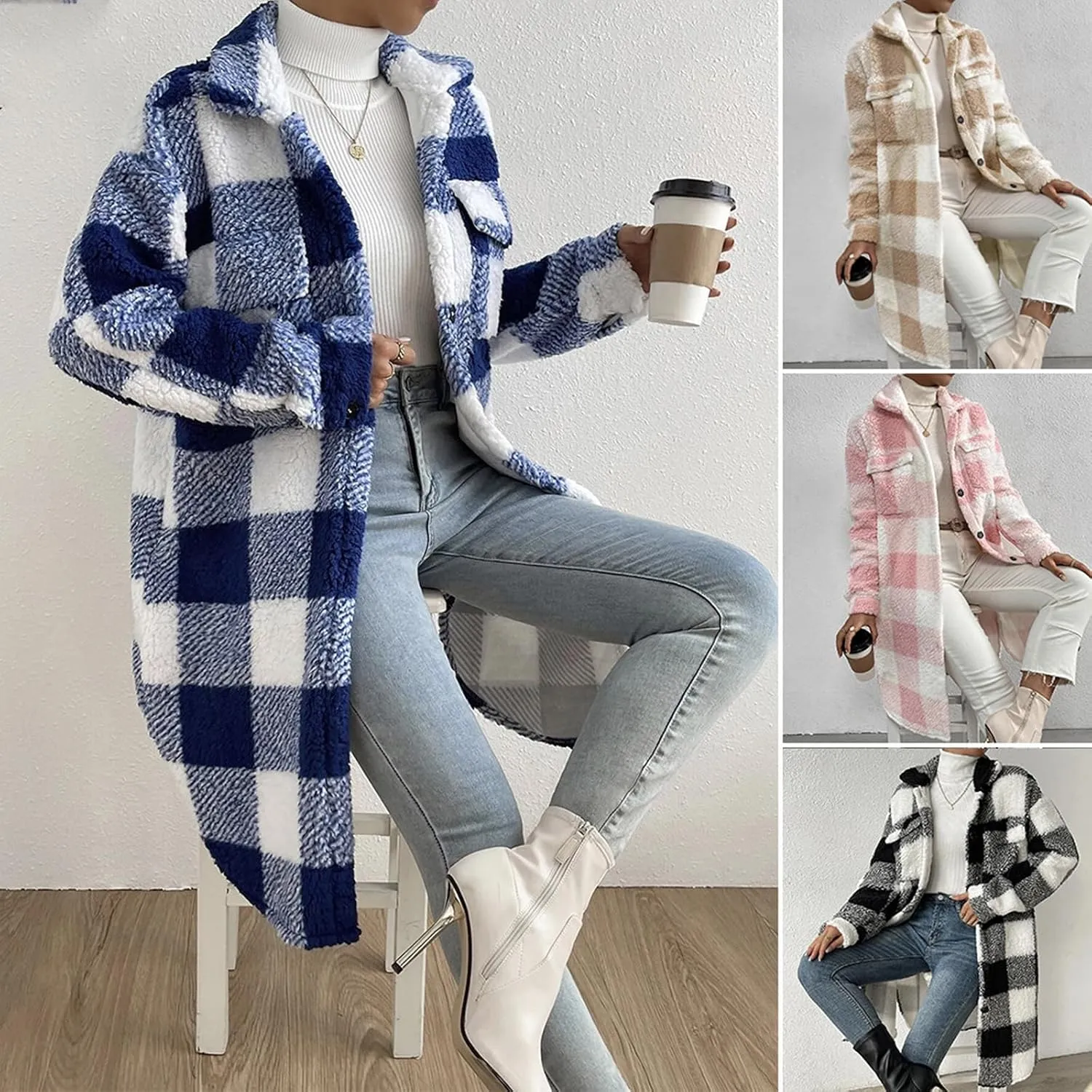 Women’s Chic Plaid Print Warm Plush Long Coat, Womens Fuzzy Fleece Jacket, Coats for Women Trendy