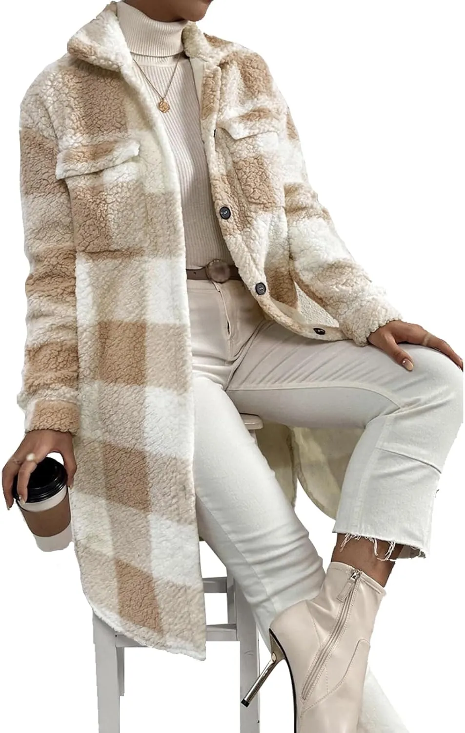 Women’s Chic Plaid Print Warm Plush Long Coat, Womens Fuzzy Fleece Jacket, Coats for Women Trendy