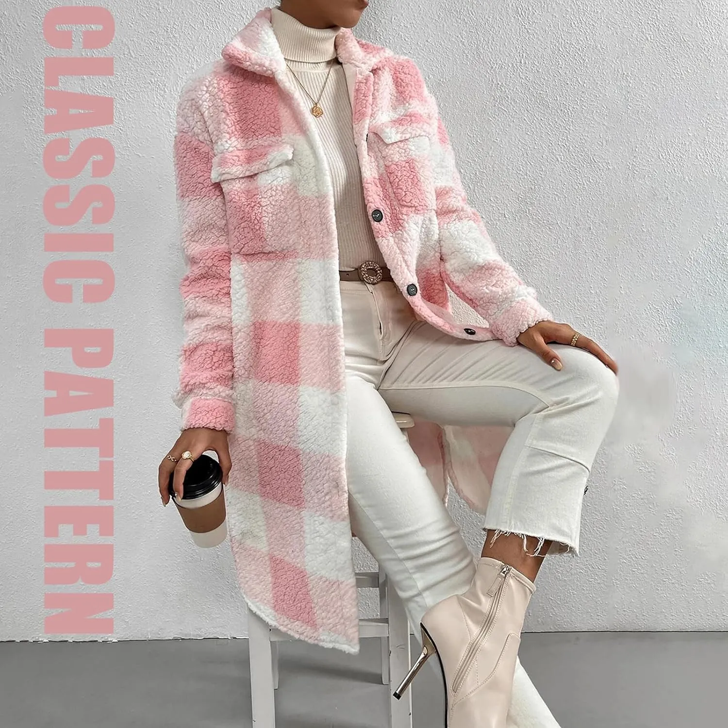 Women’s Chic Plaid Print Warm Plush Long Coat, Womens Fuzzy Fleece Jacket, Coats for Women Trendy