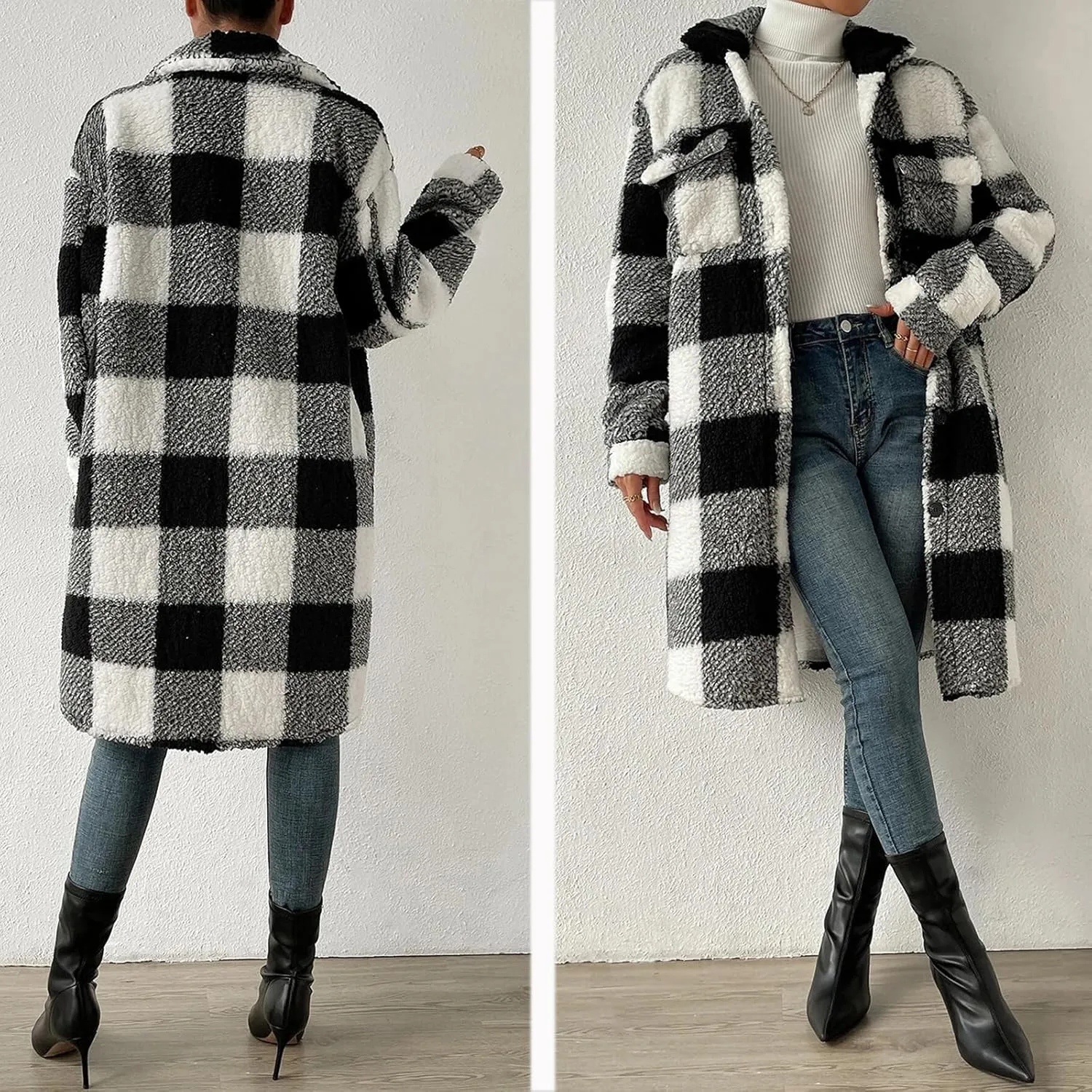 Women’s Chic Plaid Print Warm Plush Long Coat, Womens Fuzzy Fleece Jacket, Coats for Women Trendy