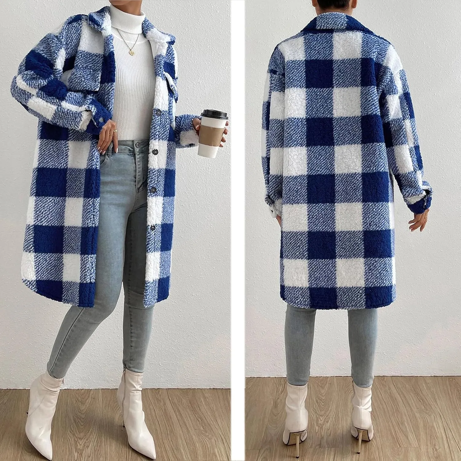 Women’s Chic Plaid Print Warm Plush Long Coat, Womens Fuzzy Fleece Jacket, Coats for Women Trendy