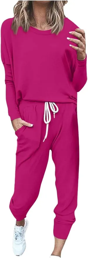 Women's Fall 2 Piece Lounge Outfit Crewneck Pullover Tops Long Pants Tracksuit Sweatsuits with Sweatpants Oversize