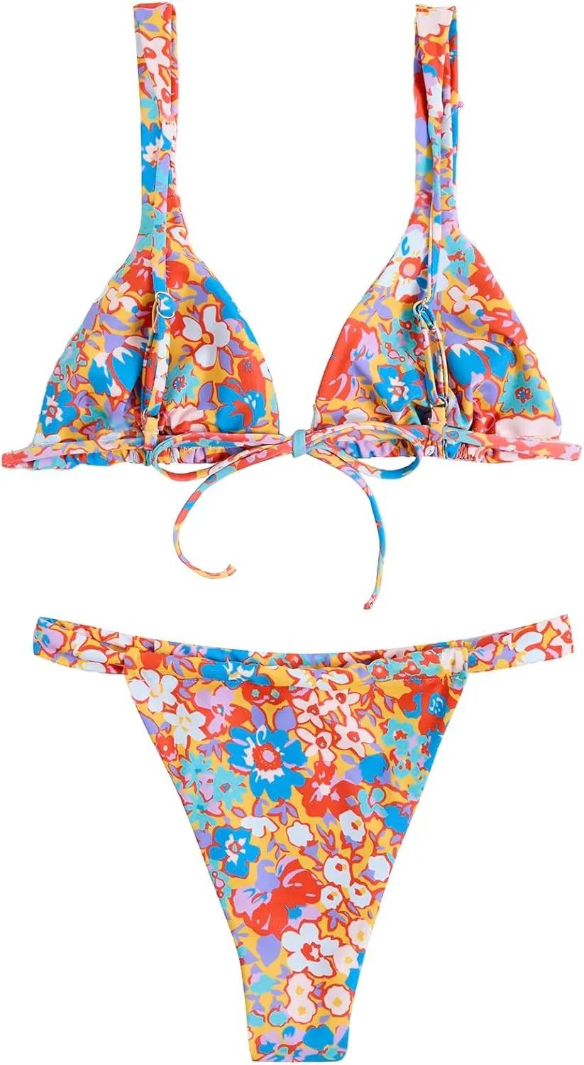 Women's High Waisted Bikini Set Floral Print Spaghetti Strap Smocked Wireless Bathing Suit Swimsuit 2 Piece Set
