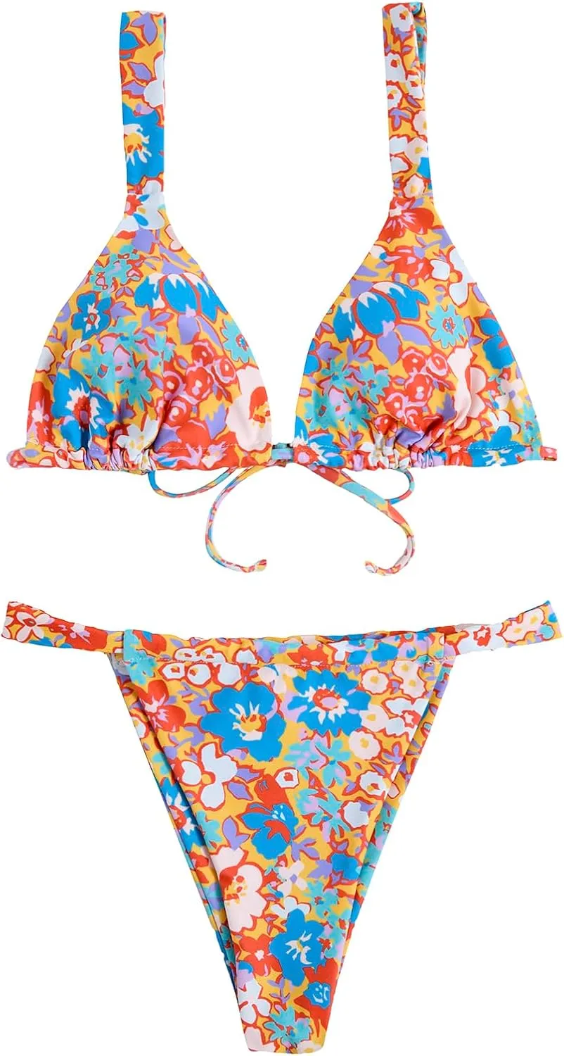 Women's High Waisted Bikini Set Floral Print Spaghetti Strap Smocked Wireless Bathing Suit Swimsuit 2 Piece Set