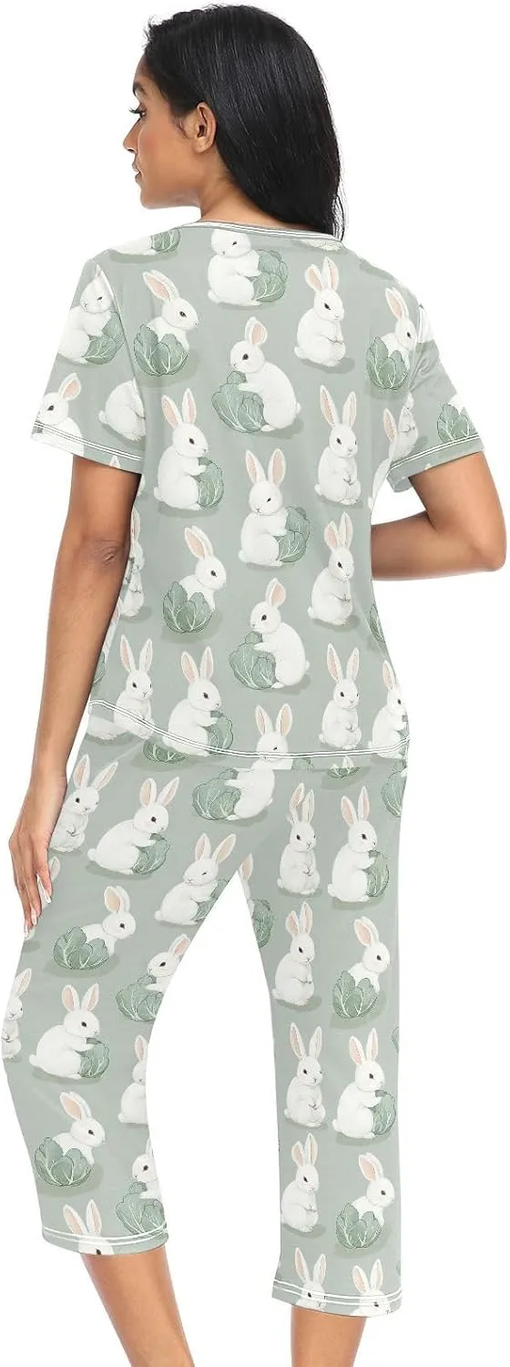 Women's Pajama Set Bunny Cabbage Vegetable Sleepwear Soft Pjs Lounge Sets Short Sleeve with Pockets S-XXL
