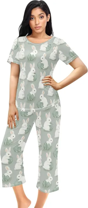 Women's Pajama Set Bunny Cabbage Vegetable Sleepwear Soft Pjs Lounge Sets Short Sleeve with Pockets S-XXL