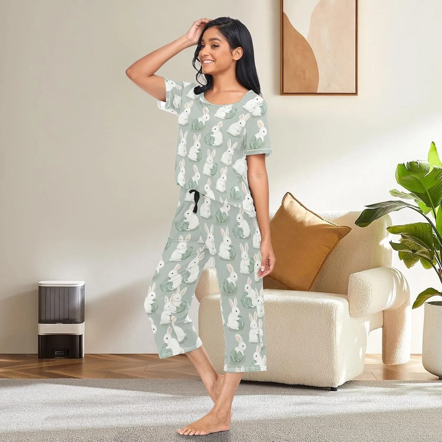 Women's Pajama Set Bunny Cabbage Vegetable Sleepwear Soft Pjs Lounge Sets Short Sleeve with Pockets S-XXL