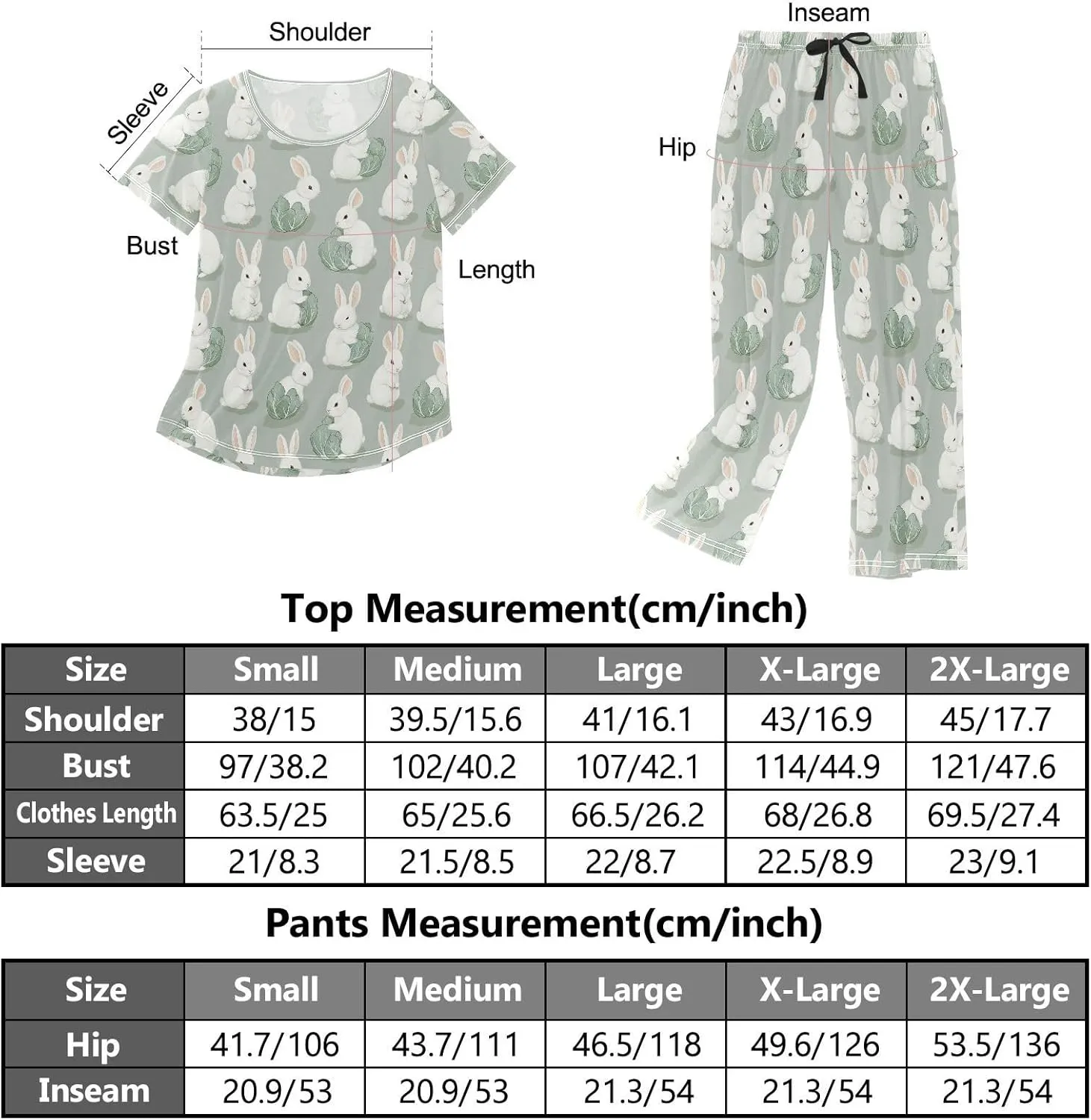Women's Pajama Set Bunny Cabbage Vegetable Sleepwear Soft Pjs Lounge Sets Short Sleeve with Pockets S-XXL