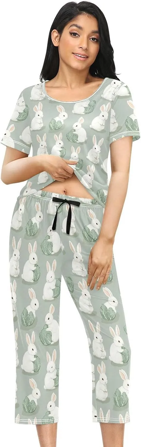 Women's Pajama Set Bunny Cabbage Vegetable Sleepwear Soft Pjs Lounge Sets Short Sleeve with Pockets S-XXL