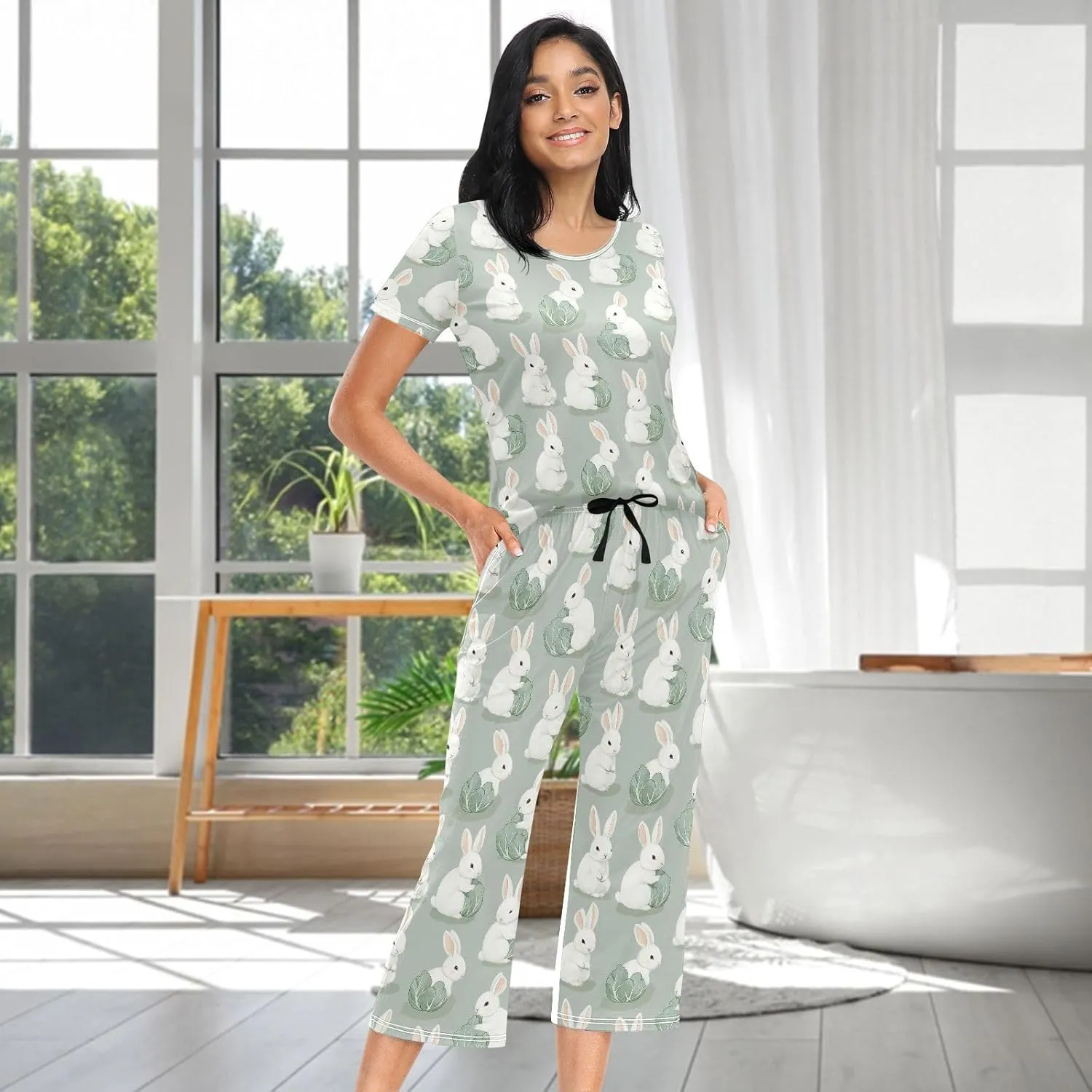 Women's Pajama Set Bunny Cabbage Vegetable Sleepwear Soft Pjs Lounge Sets Short Sleeve with Pockets S-XXL