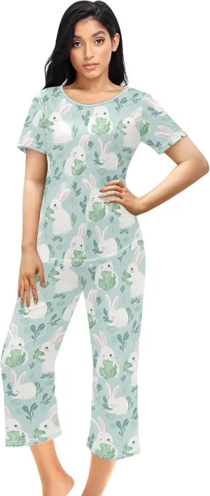 Women's Pajama Set Cute Animal Bunny Cabbage Sleepwear Soft Pjs Lounge Sets Short Sleeve with Pockets S-XXL