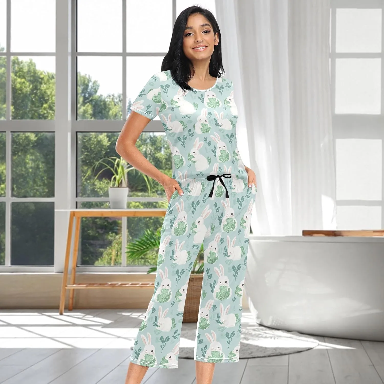 Women's Pajama Set Cute Animal Bunny Cabbage Sleepwear Soft Pjs Lounge Sets Short Sleeve with Pockets S-XXL