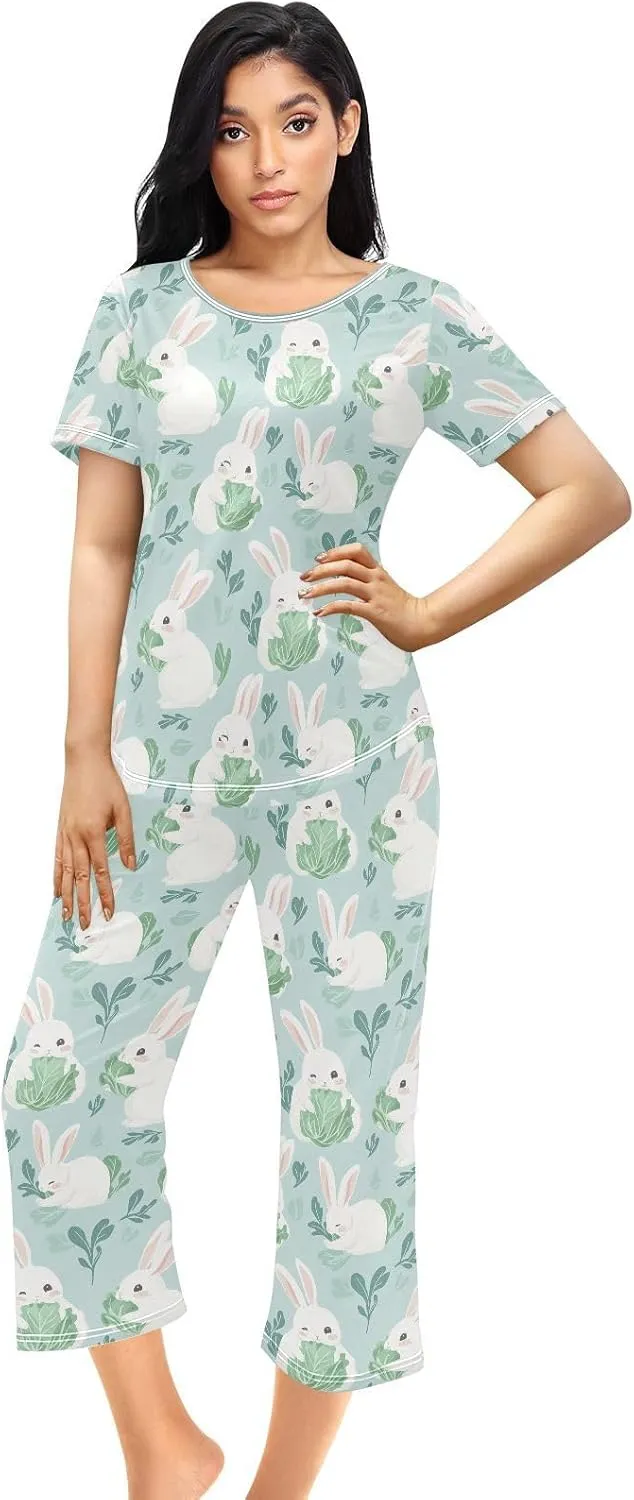 Women's Pajama Set Cute Animal Bunny Cabbage Sleepwear Soft Pjs Lounge Sets Short Sleeve with Pockets S-XXL