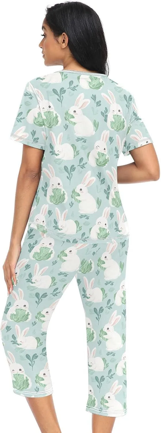 Women's Pajama Set Cute Animal Bunny Cabbage Sleepwear Soft Pjs Lounge Sets Short Sleeve with Pockets S-XXL